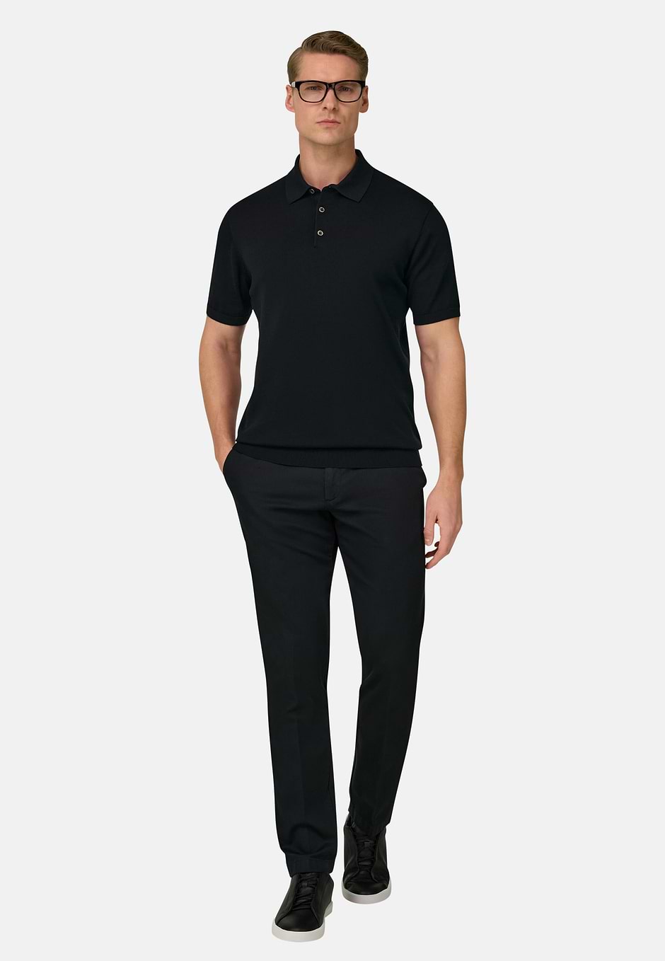 Cotton and Silk Knitted Polo Shirt, Black, hi-res