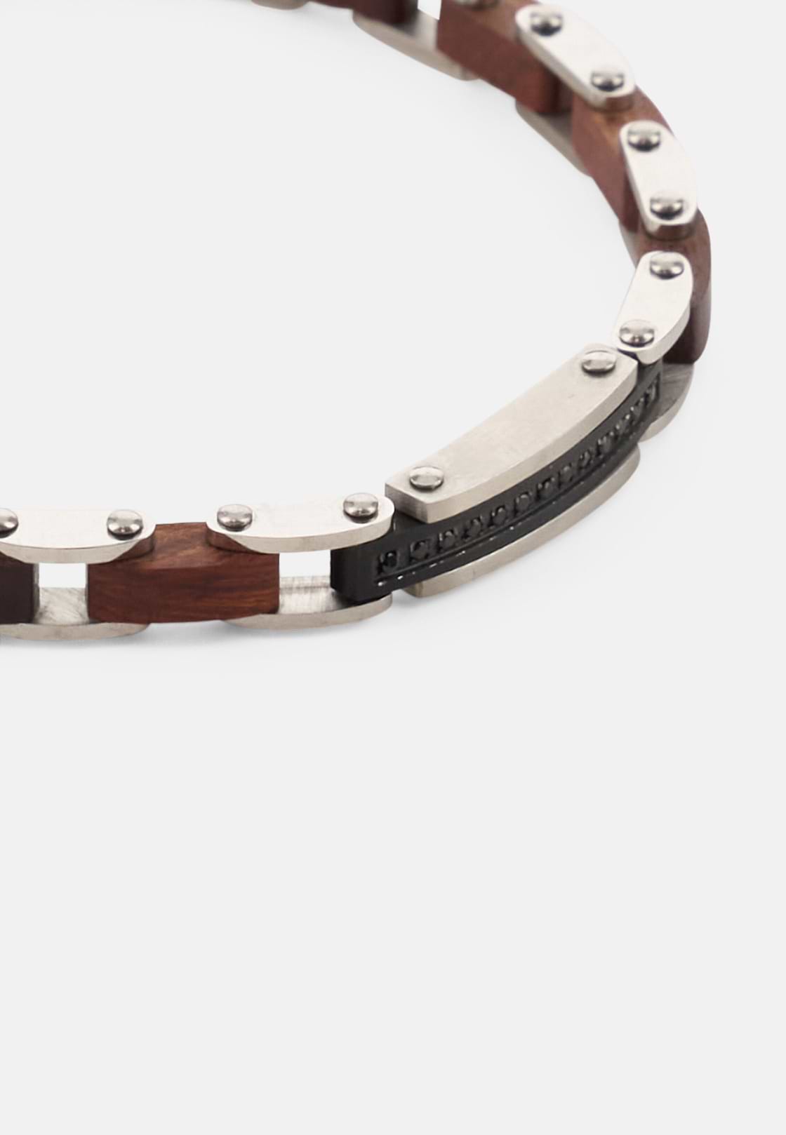 Bracciale A Maglia In Acciaio E Legno, Marrone, hi-res, 2