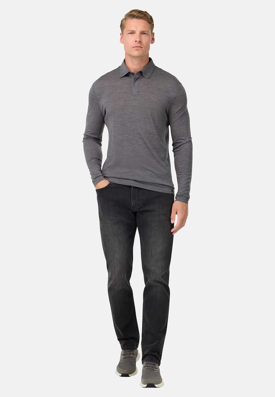 Polo Shirt in a Blend of Wool and Tencel, Grey, hi-res