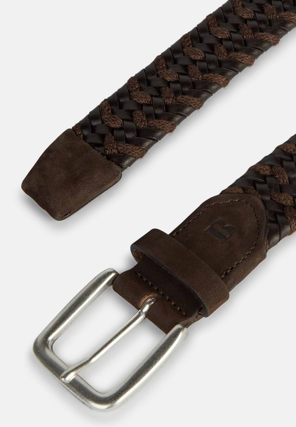 Stretch Leather/Fabric Woven Belt, Brown, hi-res