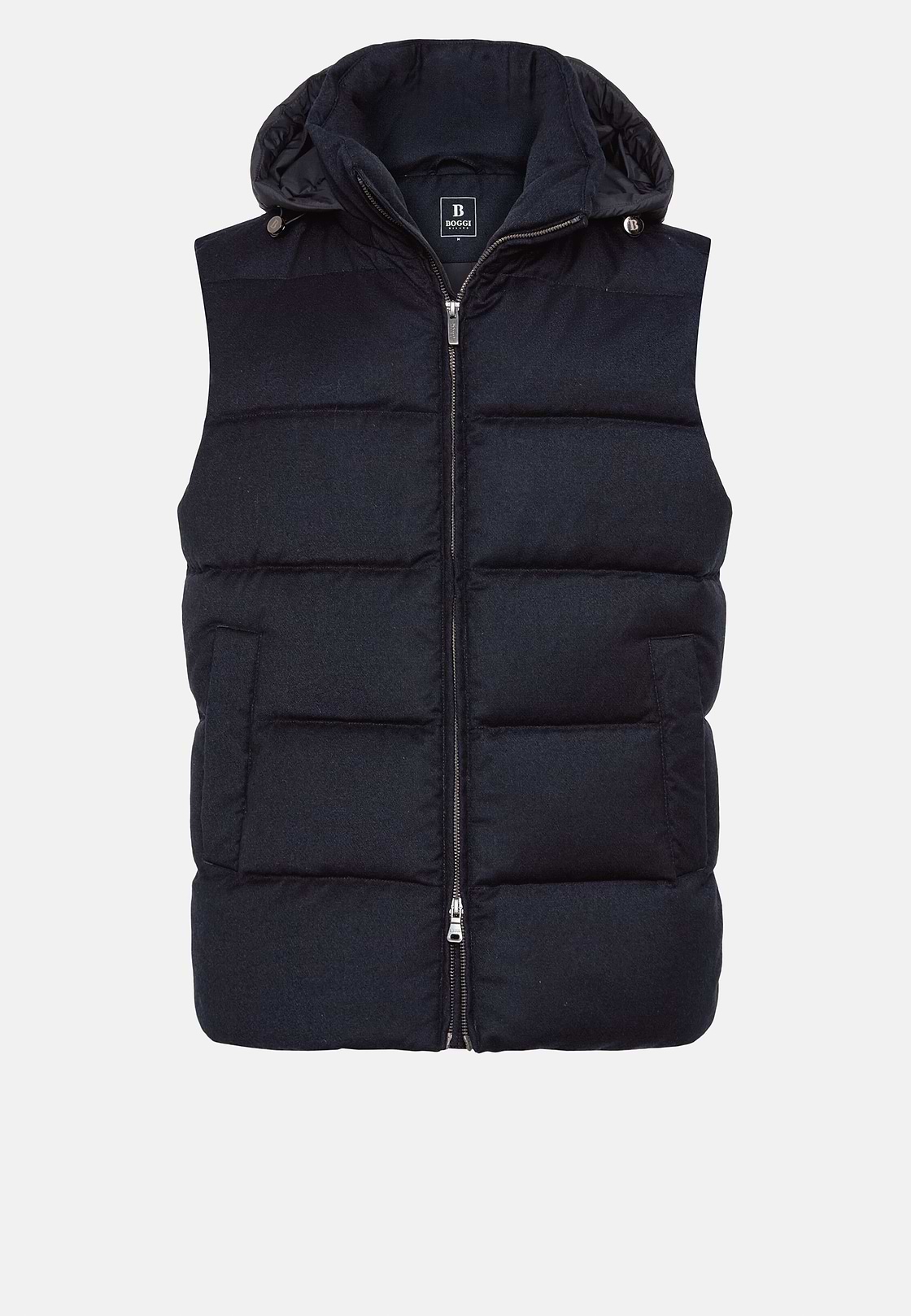 Gilet In Flanella Imbottito In Piuma Con Cappuccio, Navy, hi-res