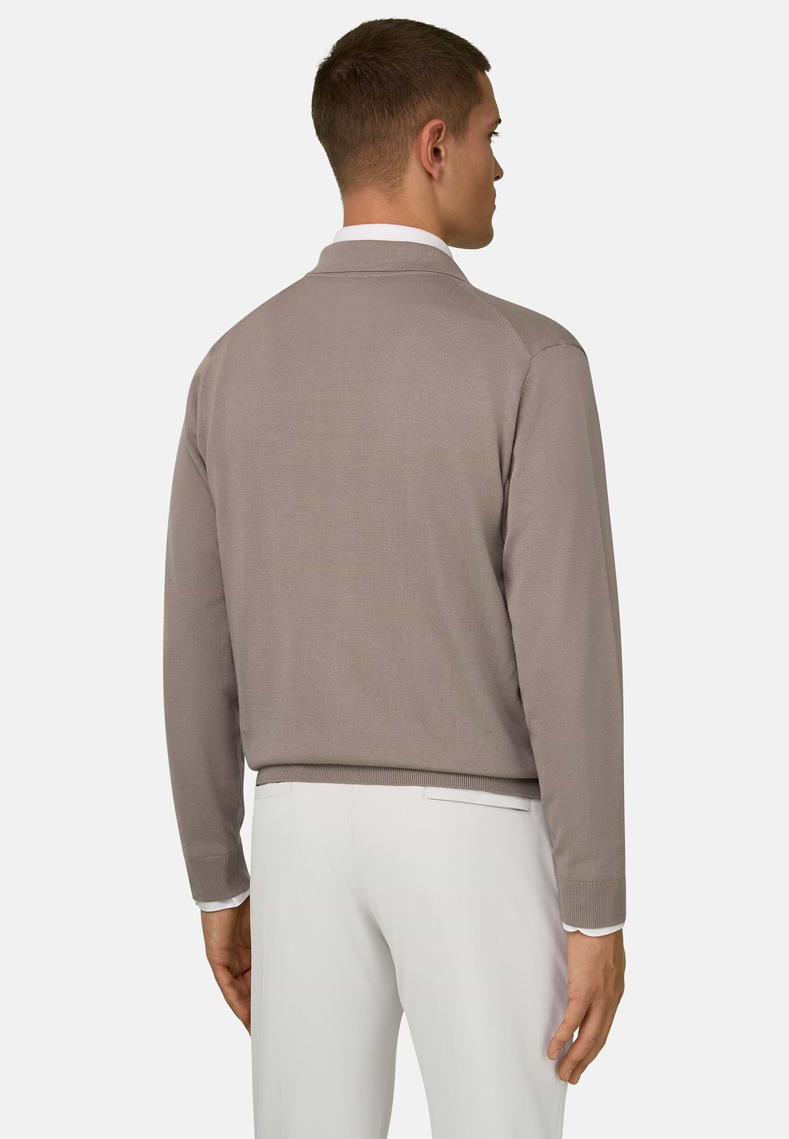 Cotton Full Zip Shirt Collar Sweater, Taupe, hi-res, 3