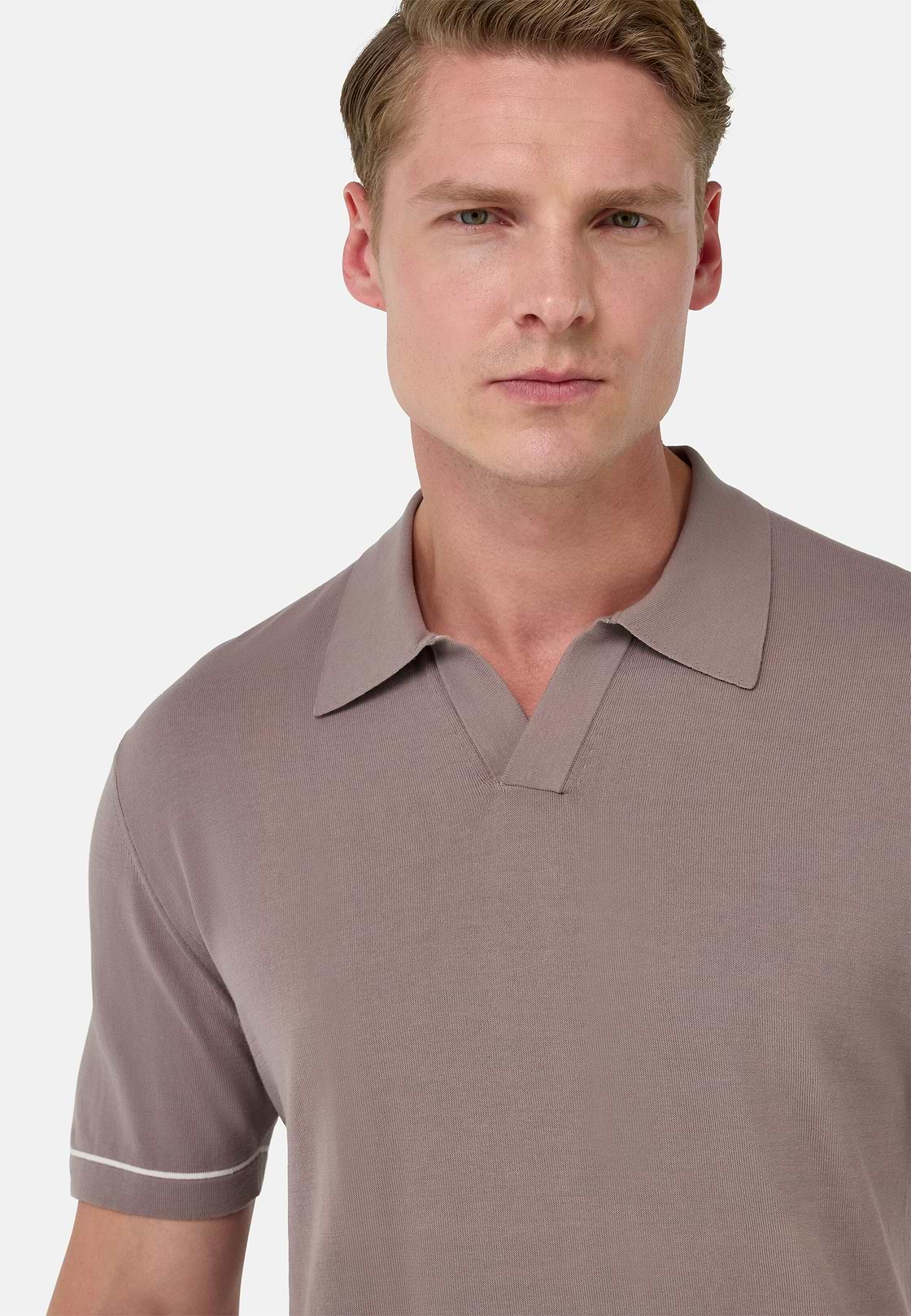 Cotton Crêpe Knit Polo Shirt, Taupe, hi-res