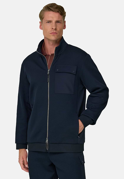 Felpa Full Zip in Misto Cotone Scuba B Tech, Navy, hi-res