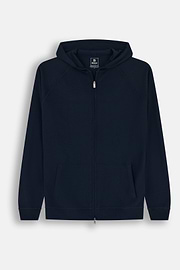 Full Zip Hooded Jumper in Superfine Merino Wool, Navy blue, thumb, 5