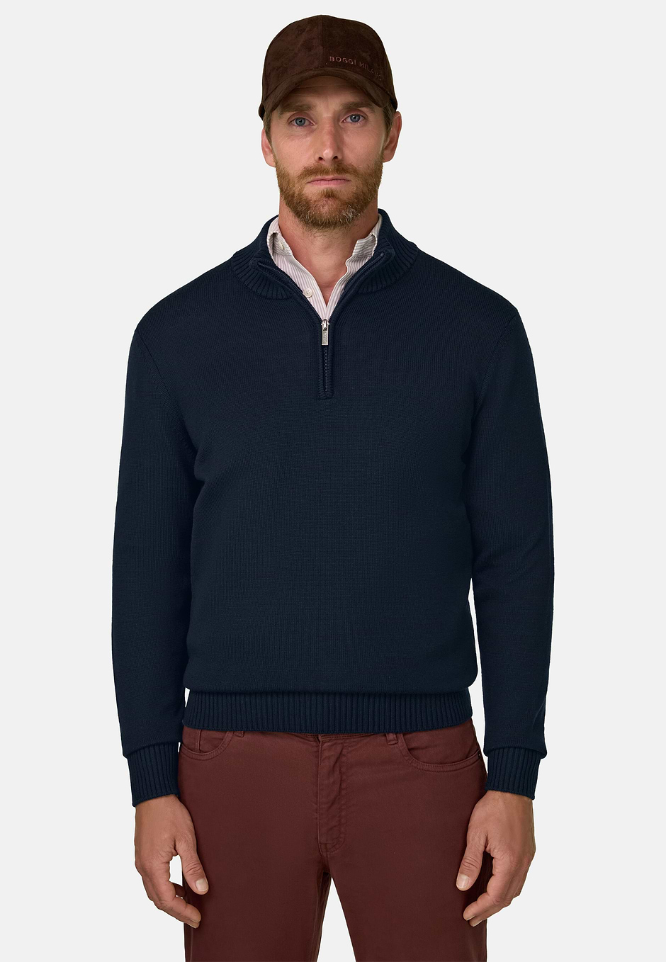 Roll Neck Jumper Quarter-Zip Superfine Merino Wool, Navy blue, hi-res