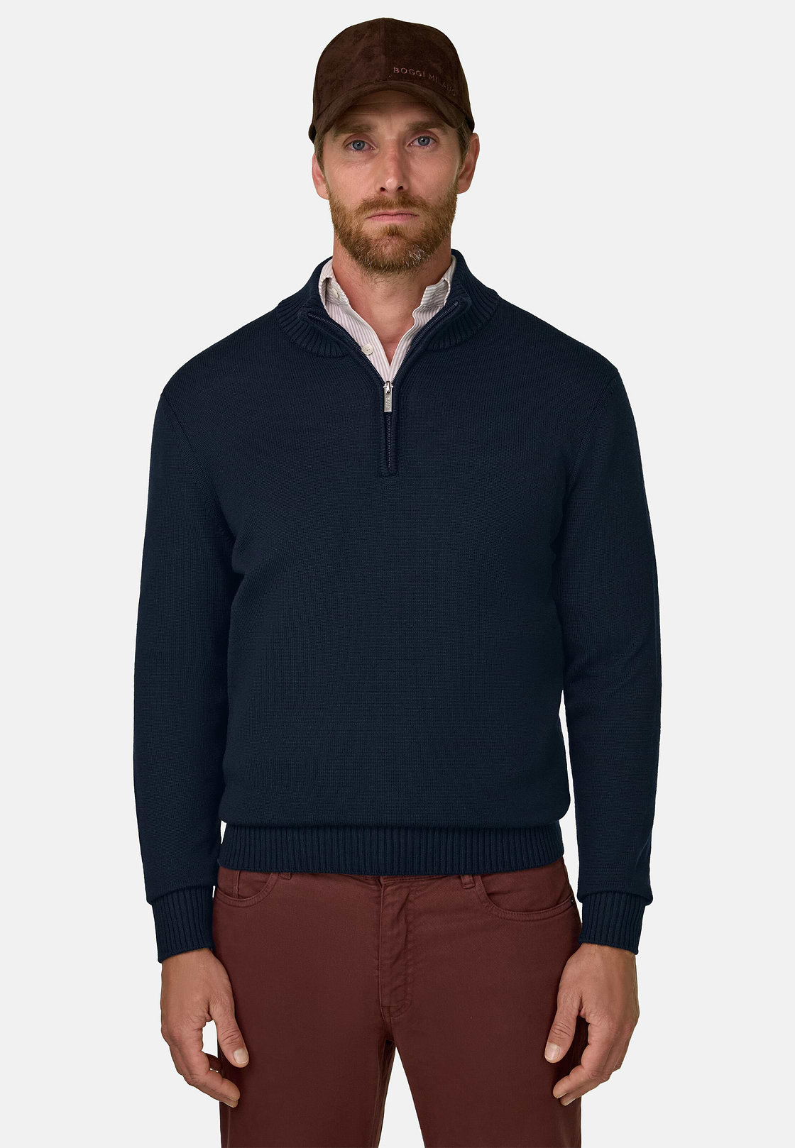 Roll Neck Jumper Quarter-Zip Superfine Merino Wool, Navy blue, hi-res, 1