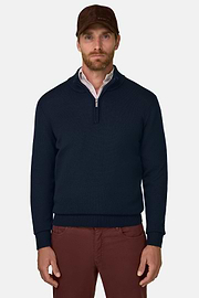 Roll Neck Jumper Quarter-Zip Superfine Merino Wool, Navy blue, thumb, 1