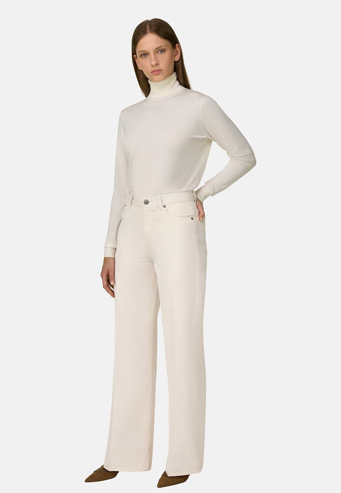 Wide Leg 5-Pocket Trousers, Cream, hi-res, 2