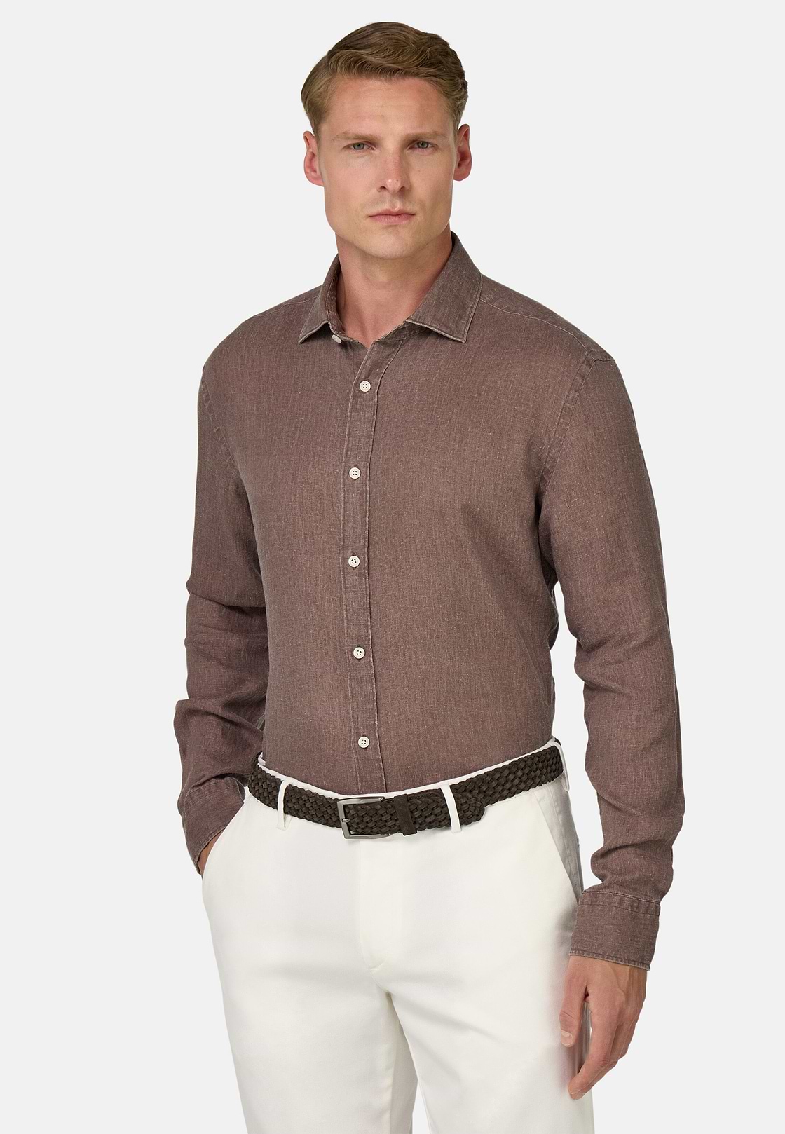 Camicia In Lino Regular Fit, Taupe, hi-res