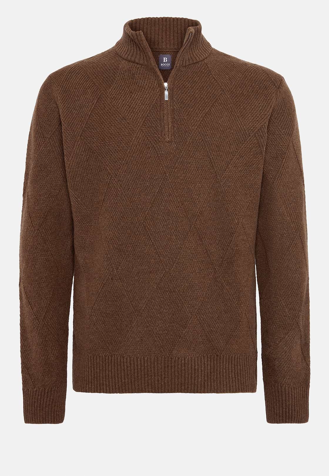 Pull Demi-Zip Noisette En Laine Nylon, Noisette, hi-res