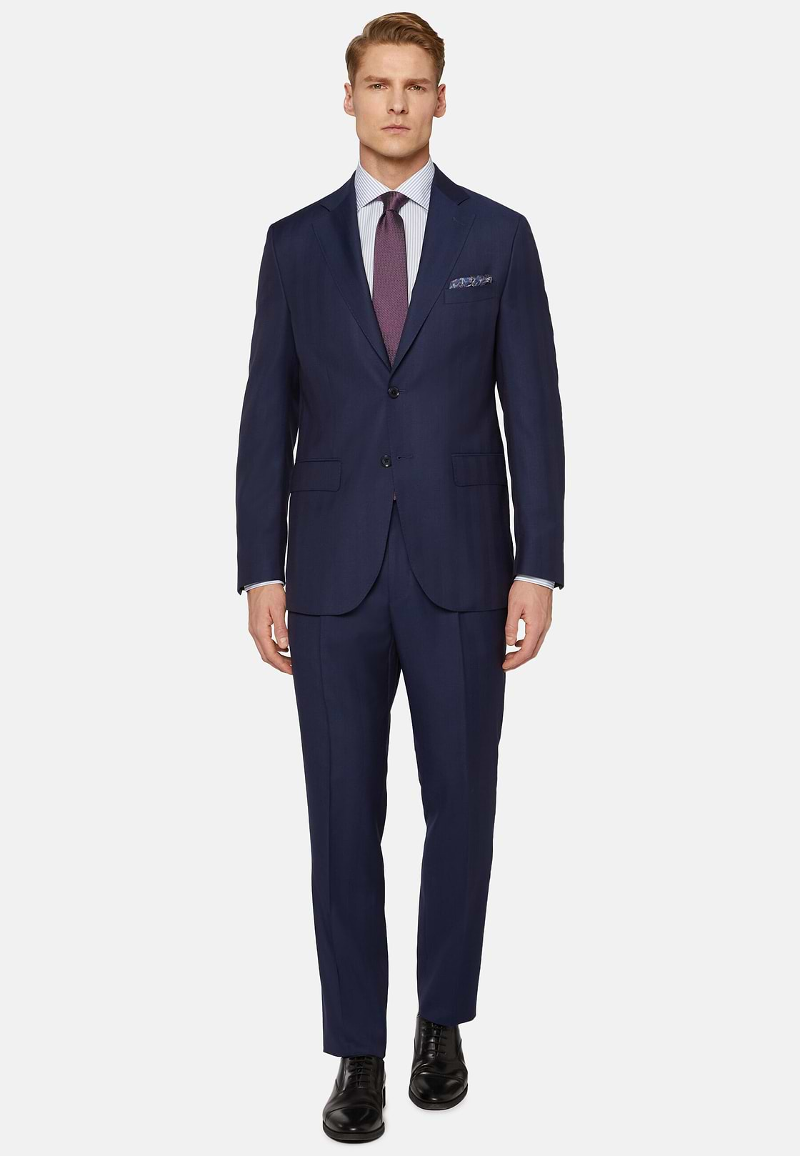 Navy Blue Herringbone Suit In Pure Wool, Navy blue, hi-res