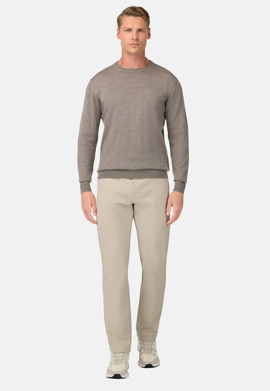 Merino Wool Crew Neck Jumper, Taupe, hi-res