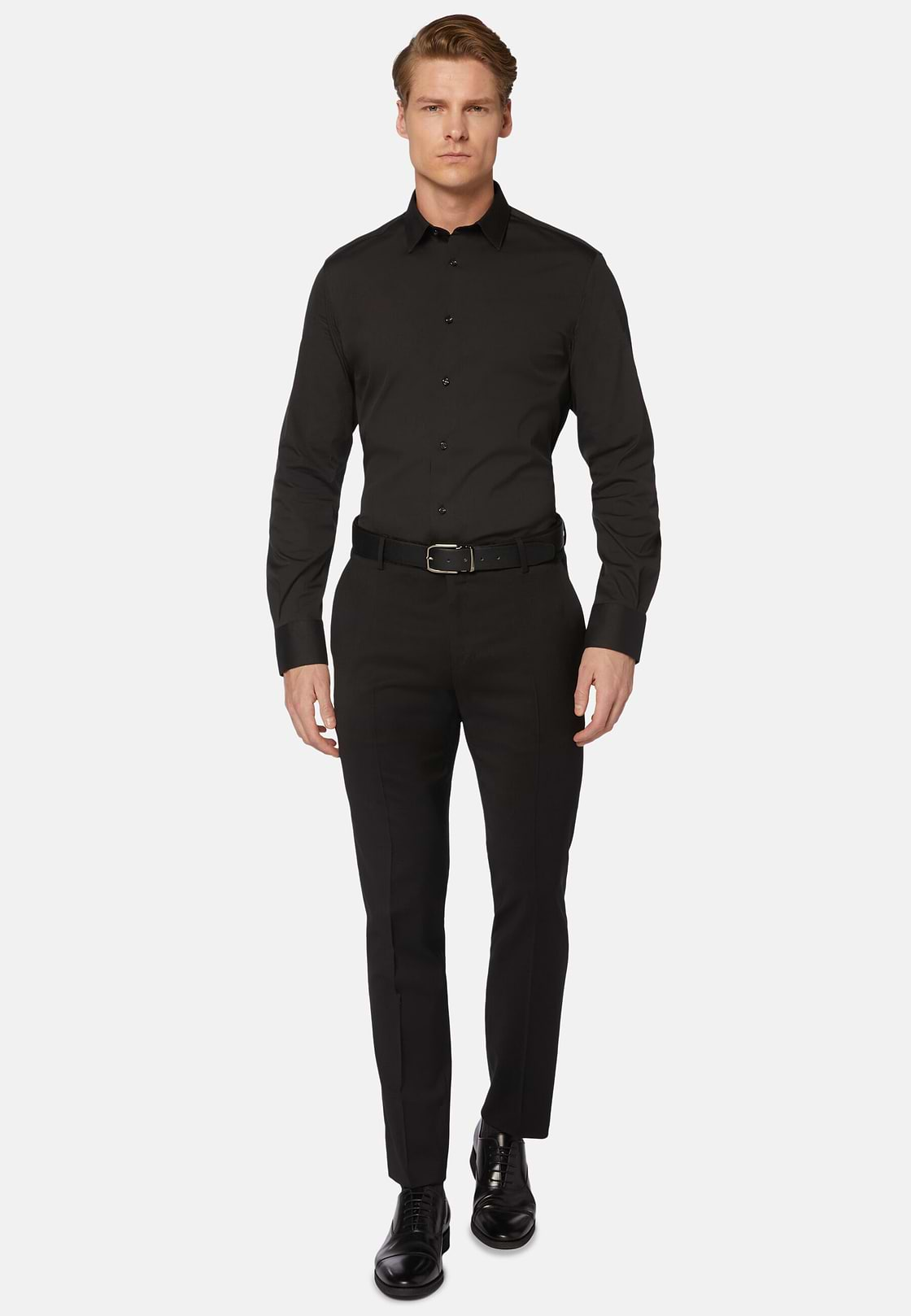 Slim Fit Black Shirt in Stretch Cotton, Black, hi-res