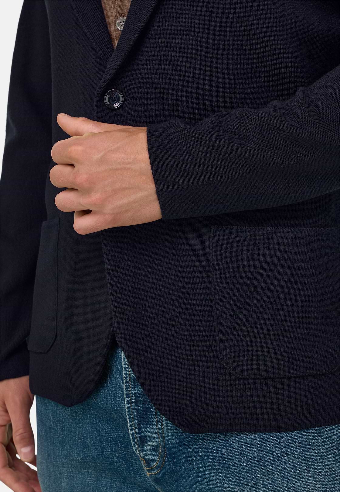 Knitted Jacket in Extrafine Merino Wool, Navy blue, hi-res, 3