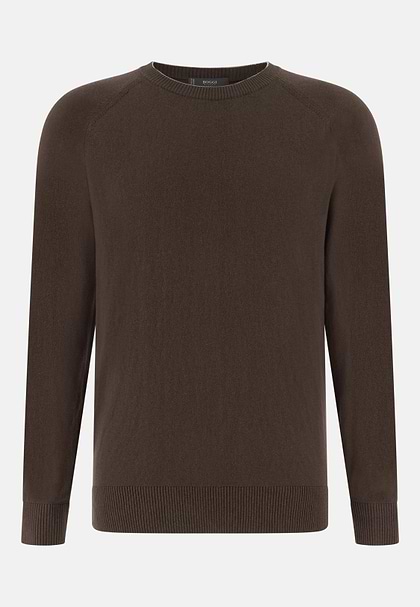 Pull Col Rond En Coton Soie Cachemire, Marron foncé, hi-res