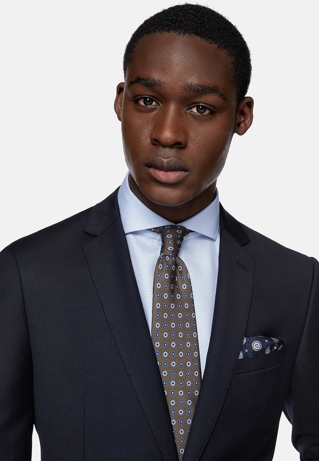 Men s Navy Blue Micro Herringbone Suit In Stretch Wool Boggi Milano