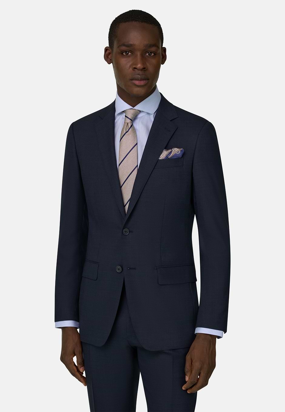 Prince of Wales Check Stretch Wool Suit, Navy blue, hi-res