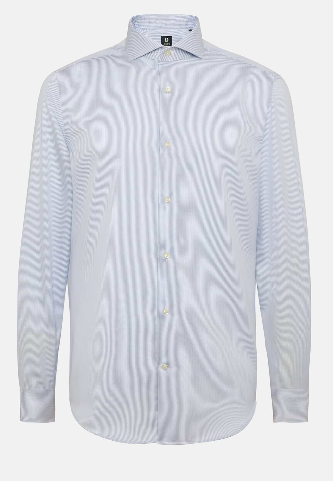 Camicia A Righe Azzurre In Cotone Dobby Regular, Azzurro, hi-res