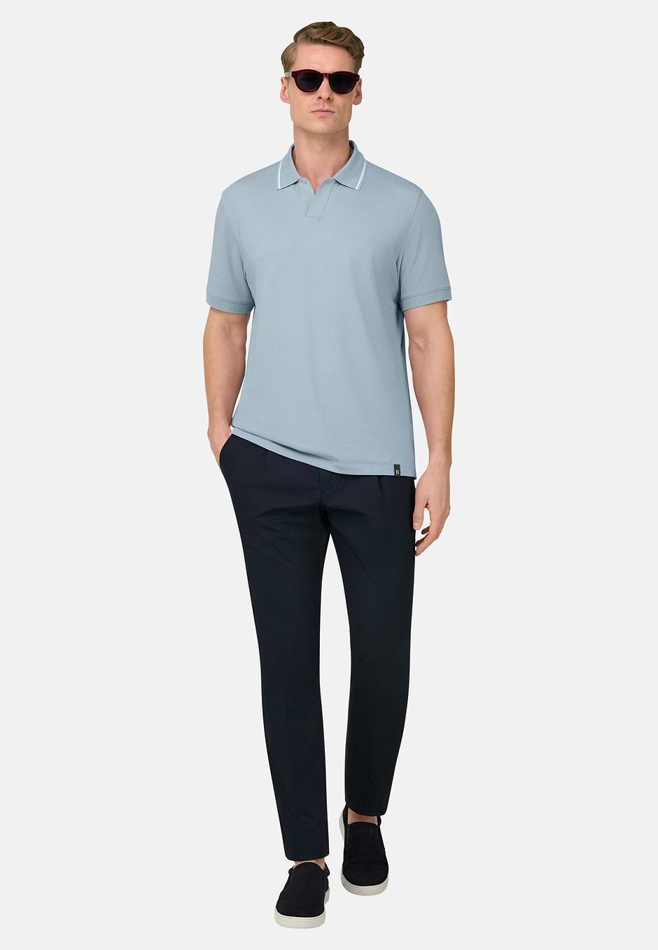 High-Performance Piqué Polo Shirt with S-Cafè® Yarn Open Collar, Light Blue, hi-res