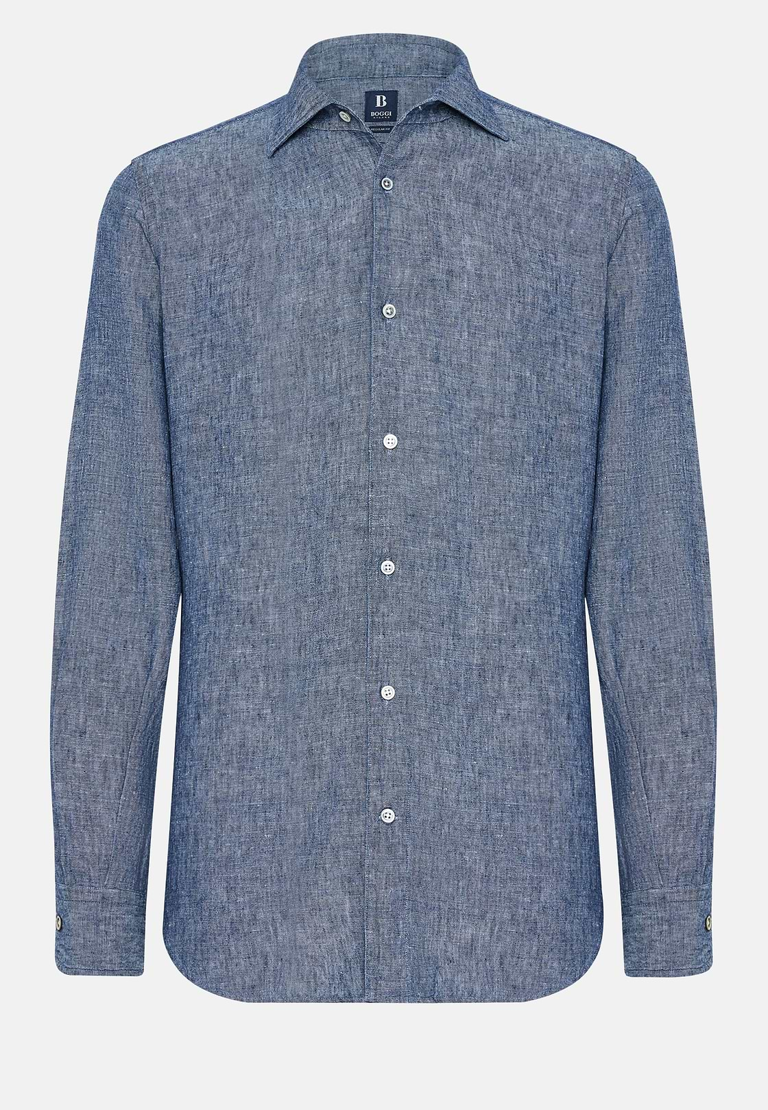 Regular Fit Cotton and Linen Denim Shirt, Medium Blue, hi-res