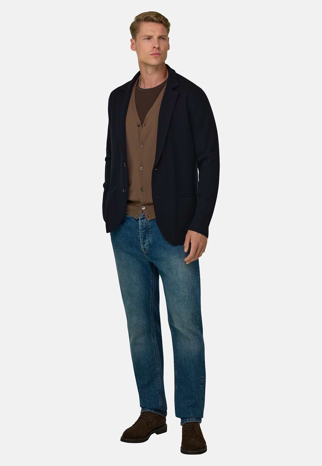 Knitted Jacket in Extrafine Merino Wool, Navy blue, hi-res, 2