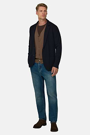 Knitted Jacket in Extrafine Merino Wool, Navy blue, thumb, 2