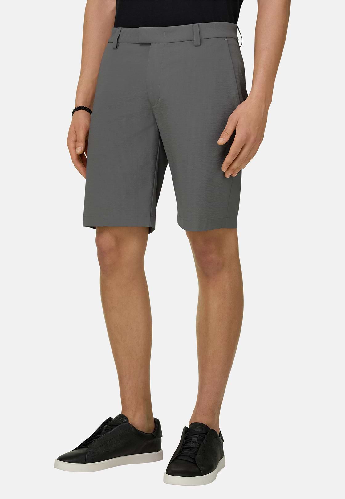 B Tech Bermuda Shorts in Stretch Nylon Seersucker, Dark Grey