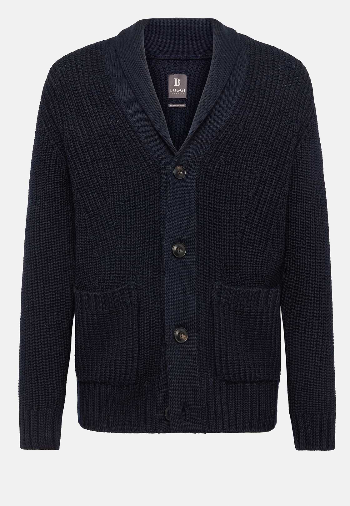 Navy Shawl Neck Cardigan In Merino Wool, Navy blue, hi-res