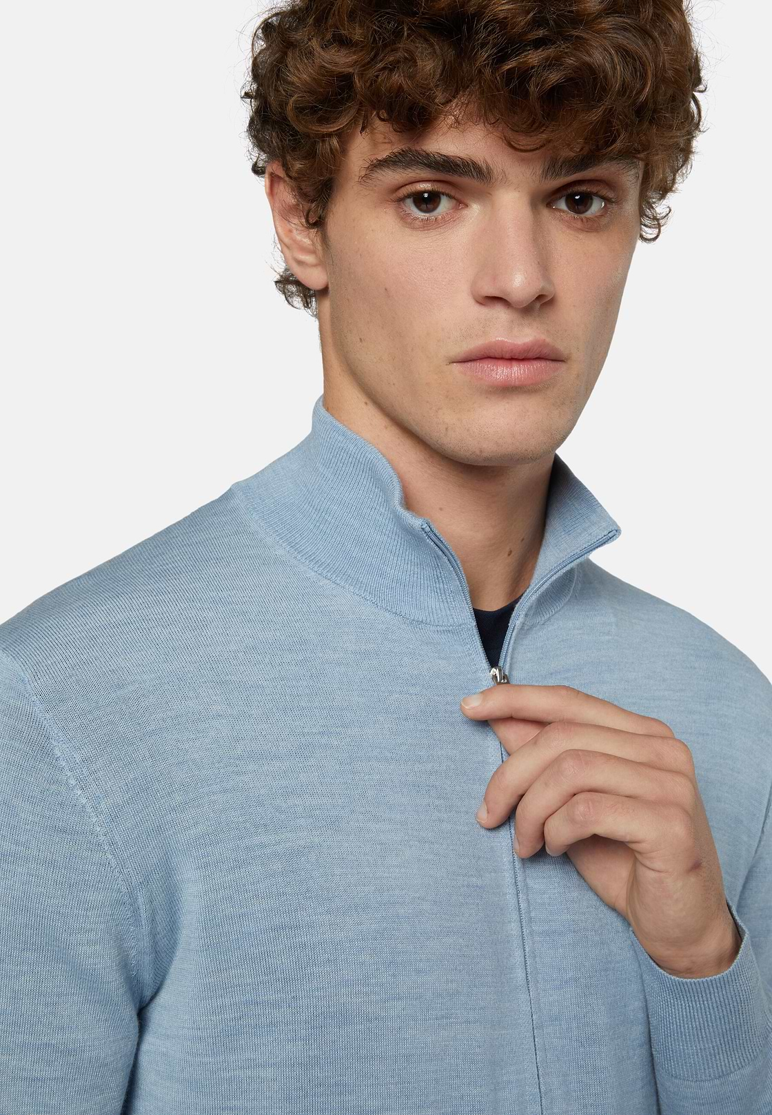 Sky Blue Full Zip Jumper In Merino Wool, Light Blue, hi-res