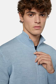 Sky Blue Full Zip Jumper In Merino Wool, Light Blue, hi-res