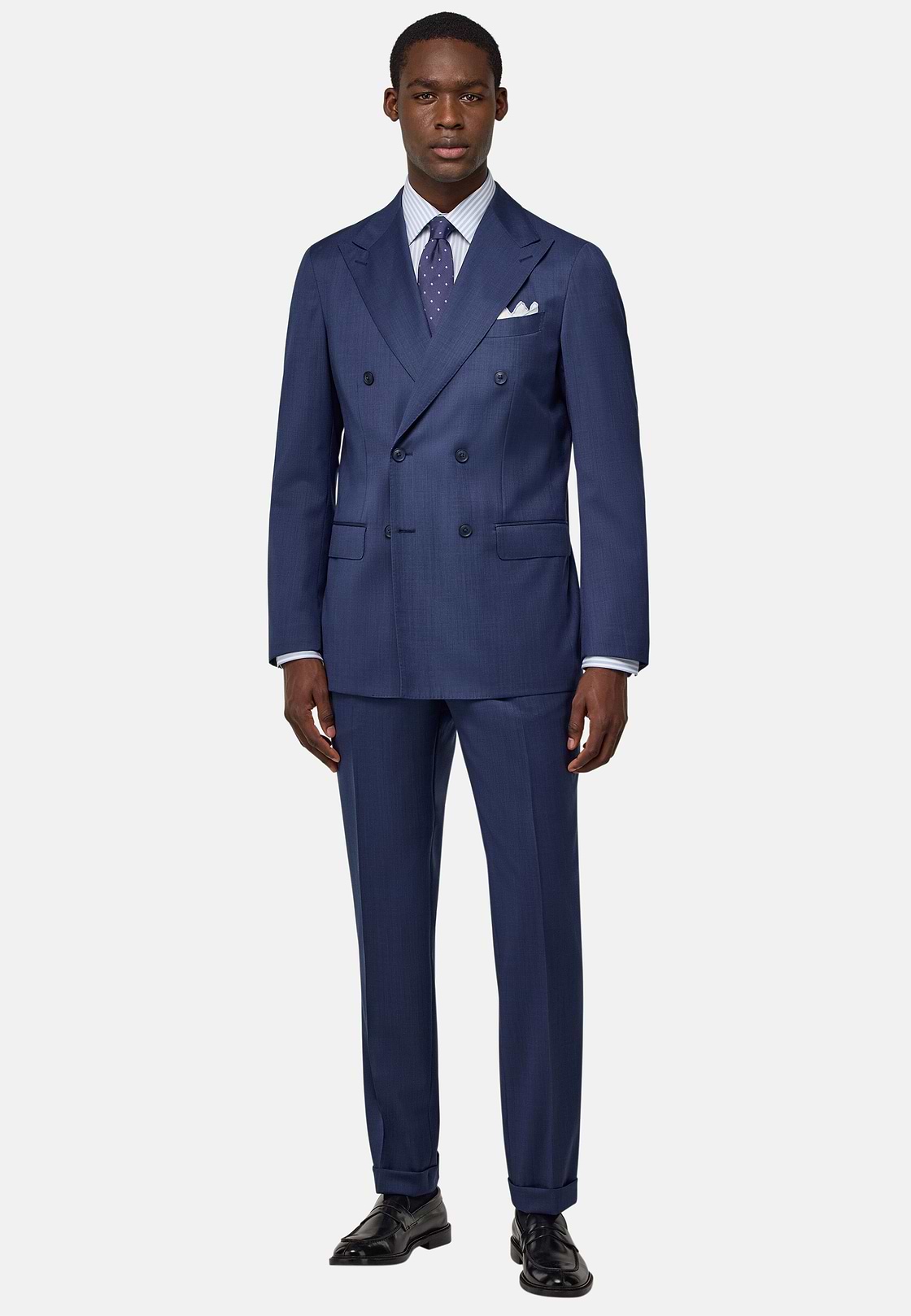 Micro Pattern Double-Breasted Suit in Pure Wool, Blue, hi-res