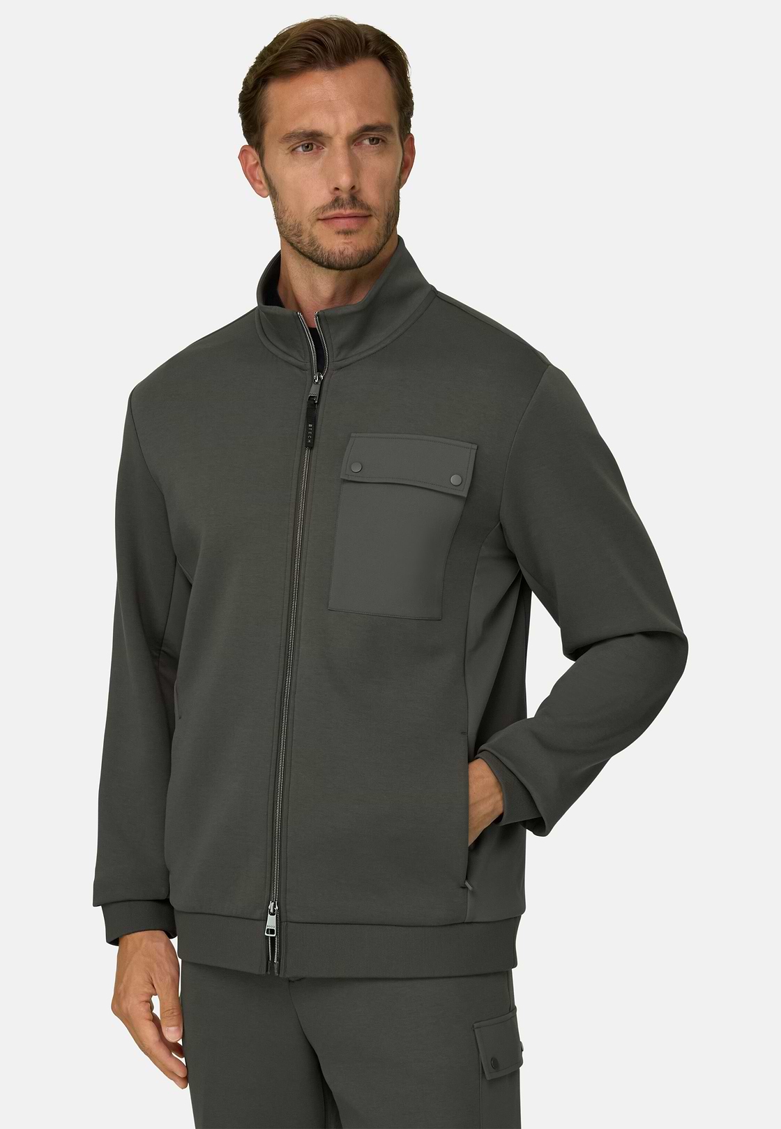 Felpa Full Zip in Misto Cotone Scuba B Tech, Militare, hi-res, 1