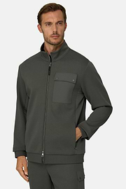 Felpa Full Zip in Misto Cotone Scuba B Tech, Militare, thumb, 1