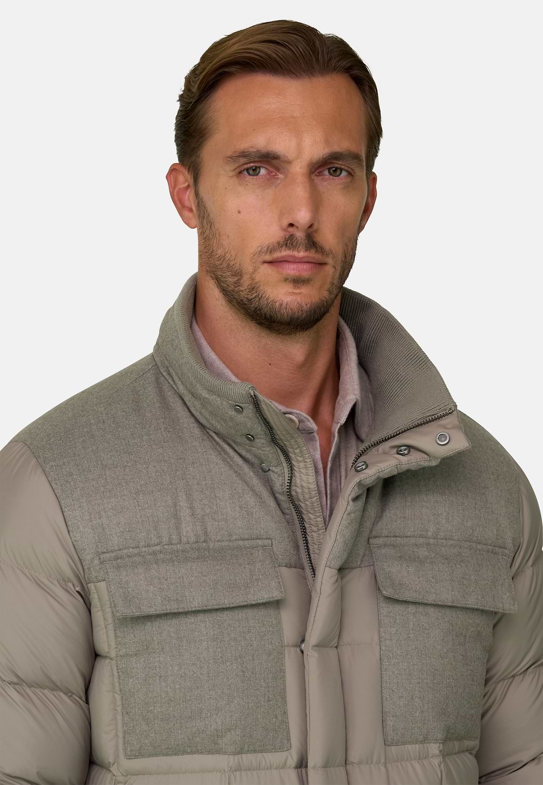 Bomber Flyn in Flannel and Technical Fabric Down, Sand, hi-res, 3