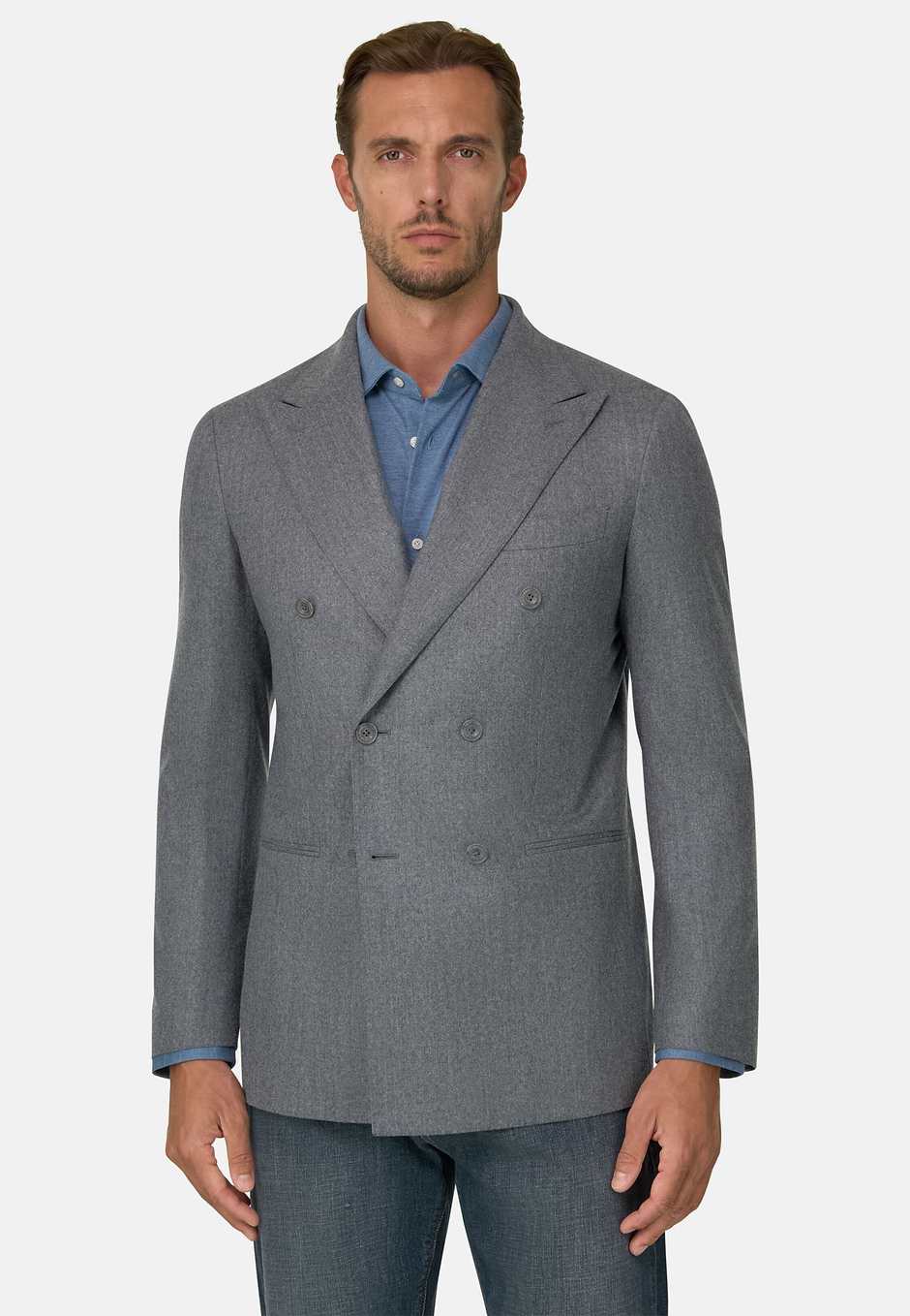 Double-Breasted Wool Flannel Blazer, Grey, hi-res