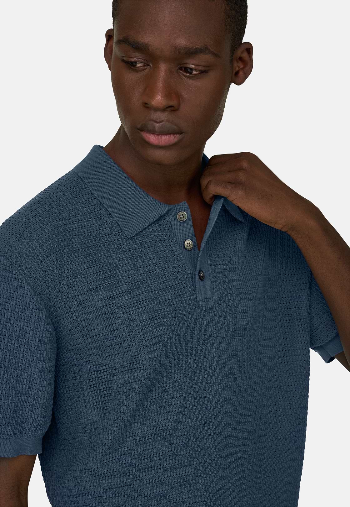 Knitted Polo Shirt in 100% Organic Cotton, Blue, hi-res, 4
