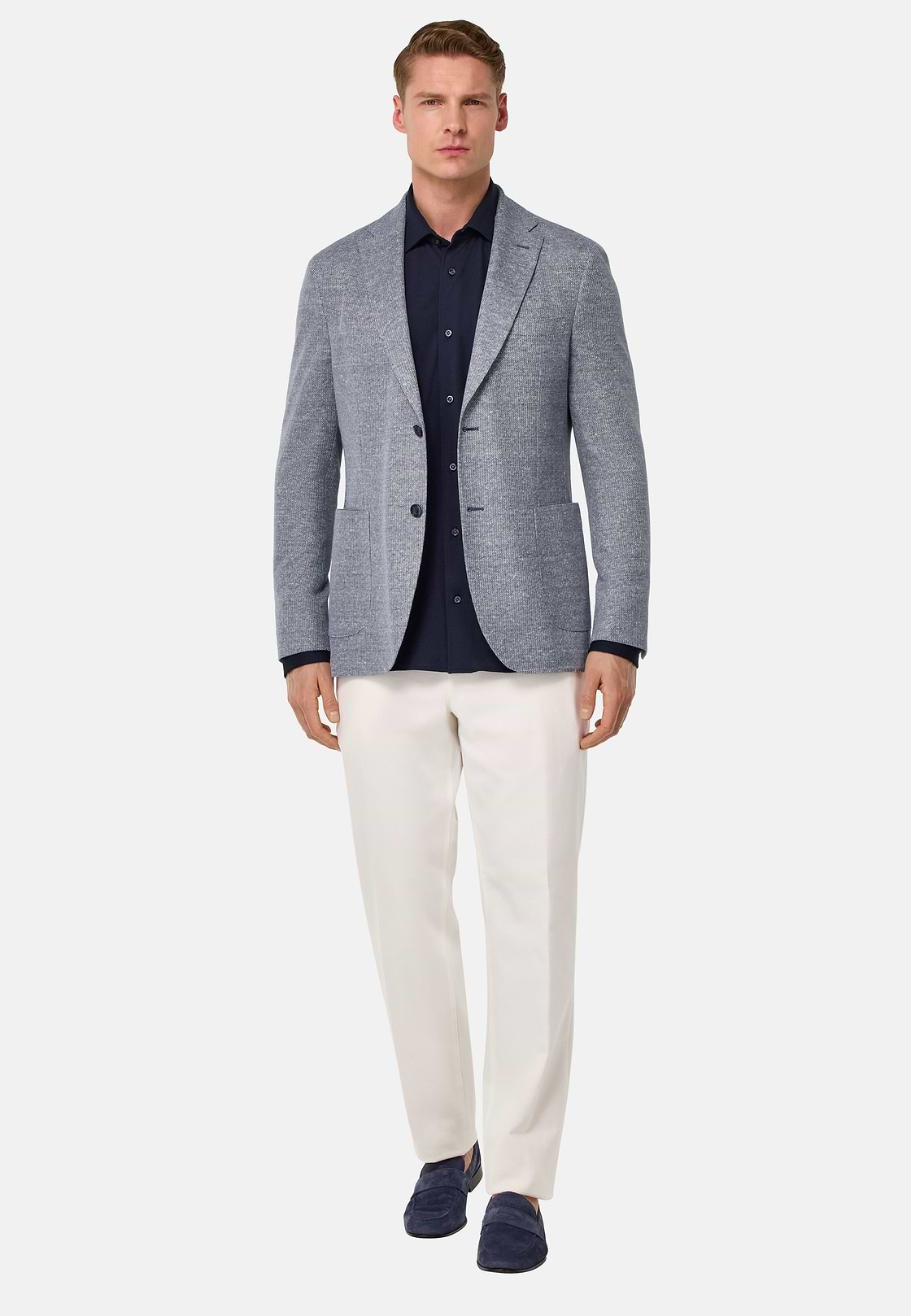 Chaqueta Jaspeada De Lino Algodón B Jersey, Azul, hi-res