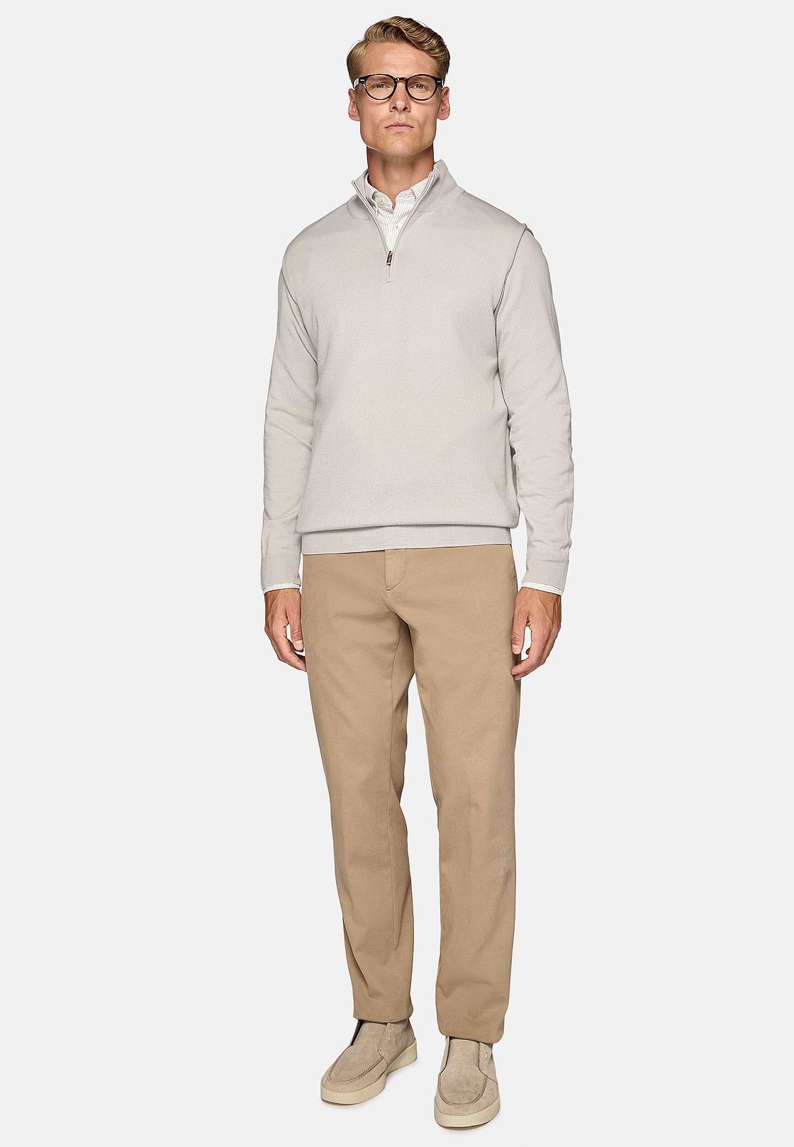 Maglia Mezza Zip Grigio Chiaro In Lana Merino, Light grey, hi-res