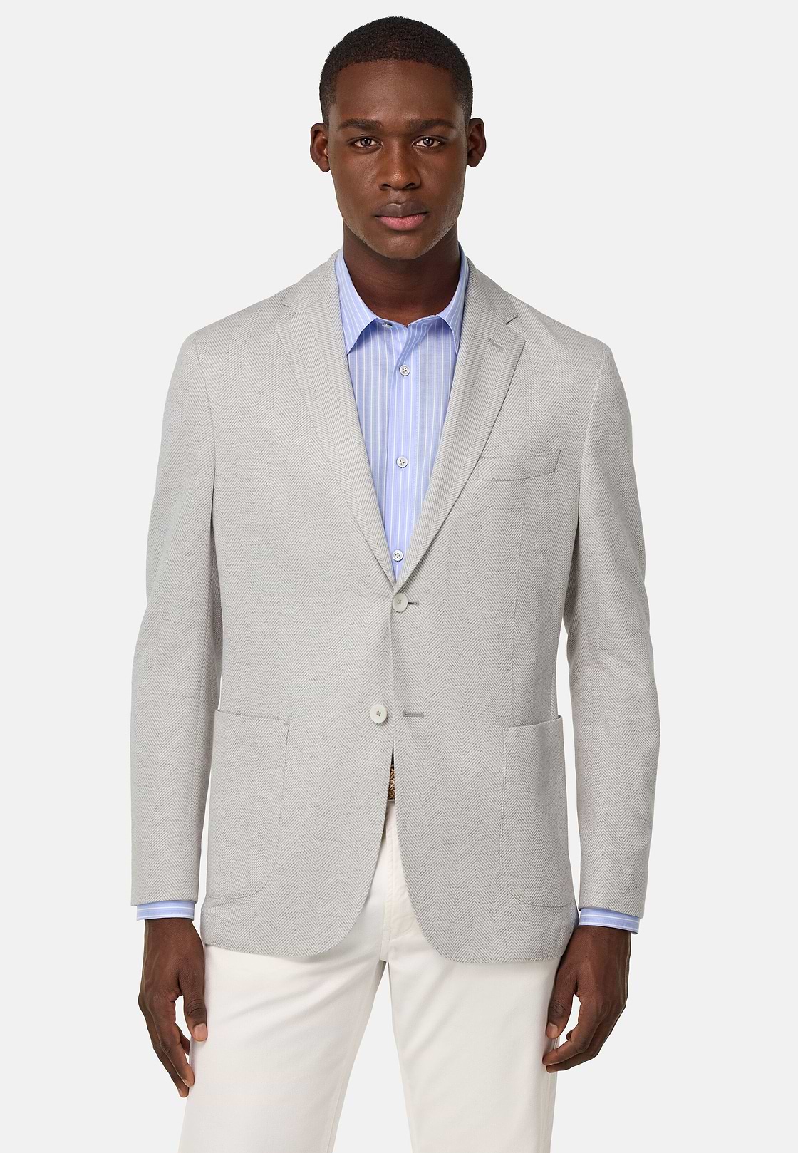 B Jersey Linen and Cotton Herringbone Jacket, Light grey, hi-res