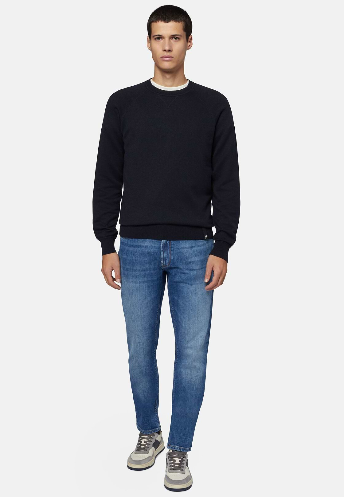 Marineblauer Pullover Mit Rundhalsausschnitt Aus Baumwolle, Seide Und Kaschmir, Navy blau, hi-res