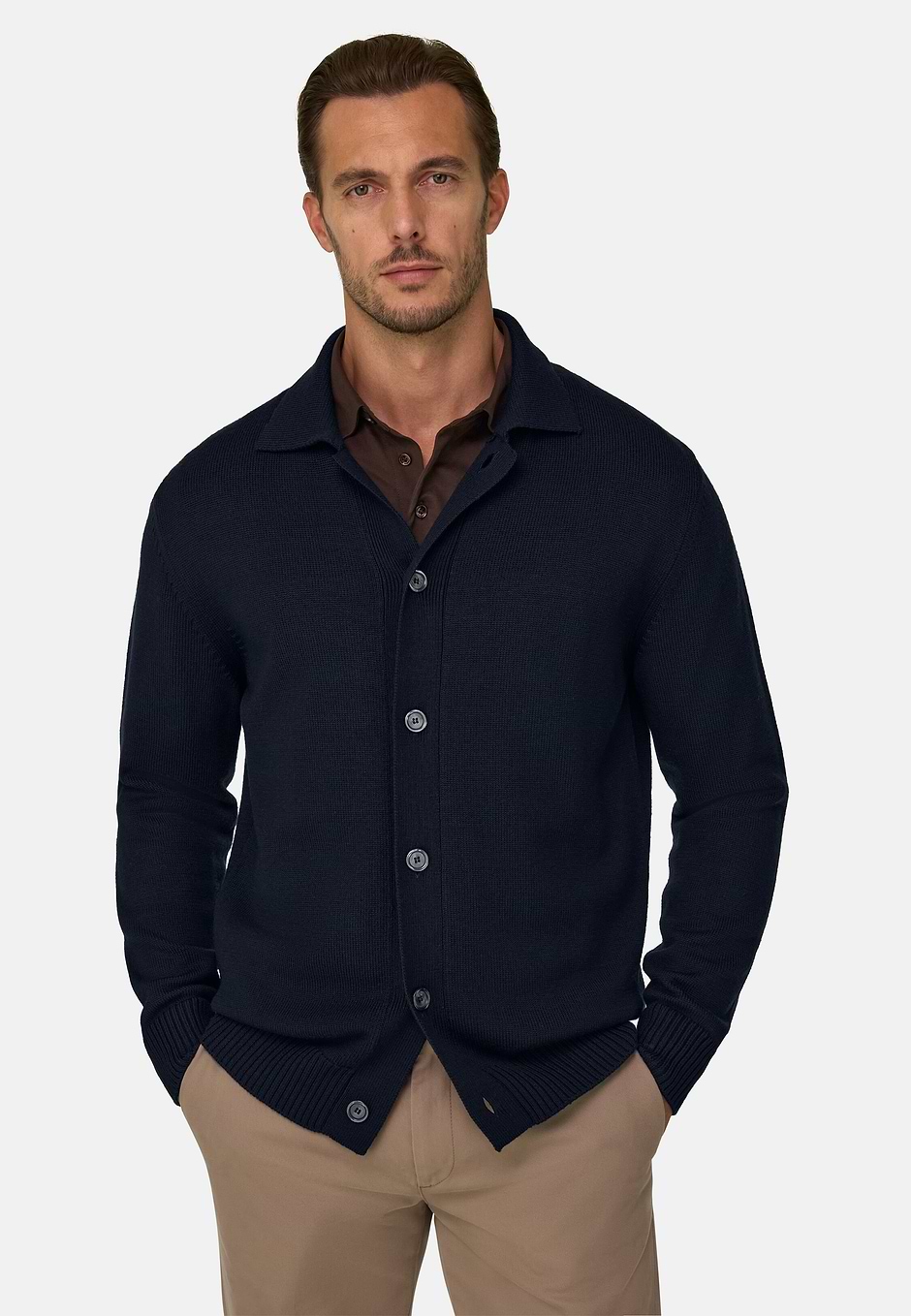 Cardigan in Extrafine Merino Wool, Navy blue, hi-res