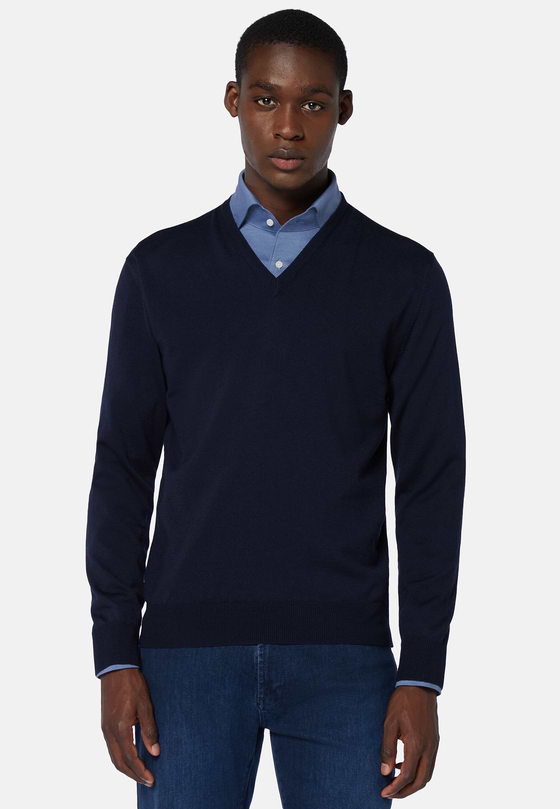 Maglia Scollo V Navy In Lana Merino, Navy, hi-res