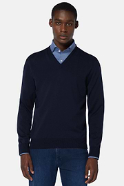 Maglia Scollo V Navy In Lana Merino, Navy, hi-res