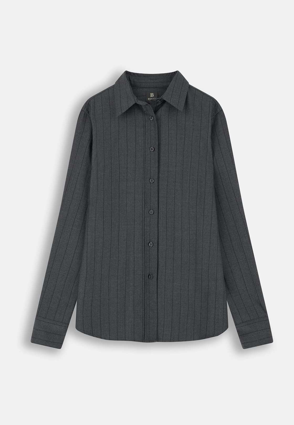 Pinstripe Wool Shirt with Open Collar, Grey, hi-res, 5
