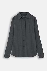 Pinstripe Wool Shirt with Open Collar, Grey, thumb, 5