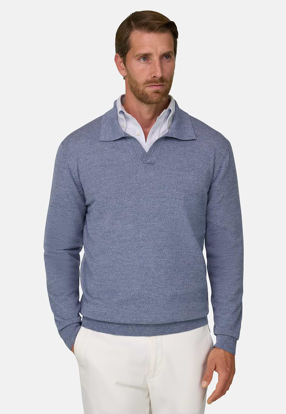 Knitted Polo Shirt in Merino Wool Cashwool® Mouliné, Light Blue, hi-res