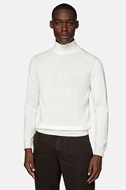 White Polo Neck Jumper in Merino Wool, White, hi-res