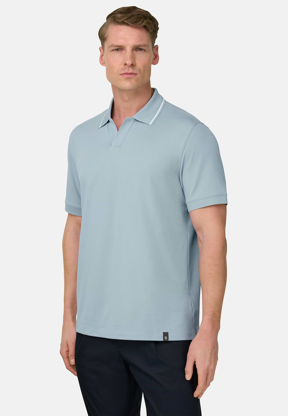 High-Performance Piqué Polo Shirt with S-Cafè® Yarn Open Collar, Light Blue, hi-res