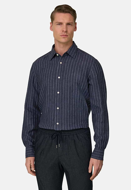 Koszula lniana, klasyczny fason, Navy blue, hi-res